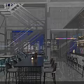 Modern Bar Interior With Neon Lights Staircase Bar Counter High Stools And Blue Lighting