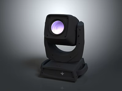 Black Moving Head Stage Lighting Fixture With Purple Beam On Gray Background 3d model