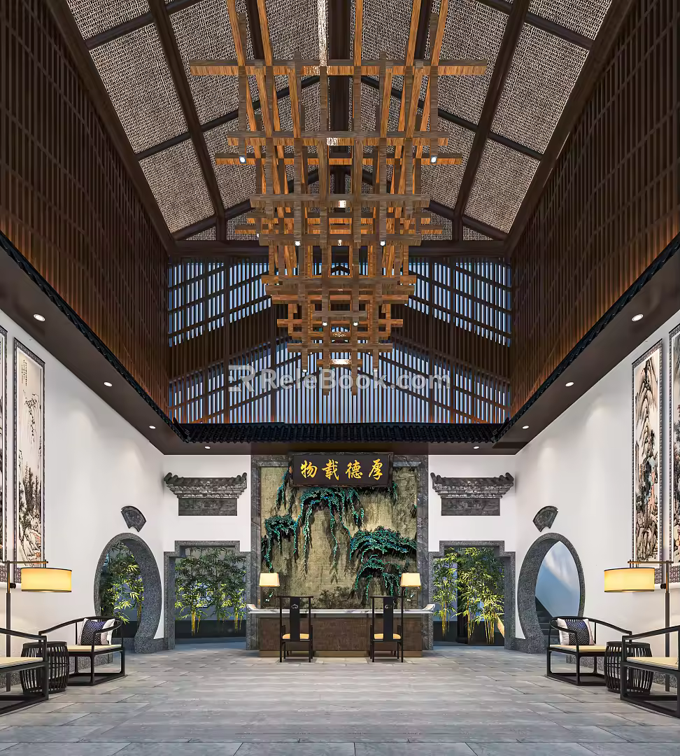 New Chinese Lobby Hotel Lobby Hotel Lobby Hotel Front Desk Reception Area Front Desk Cashier Rest Area 3d model