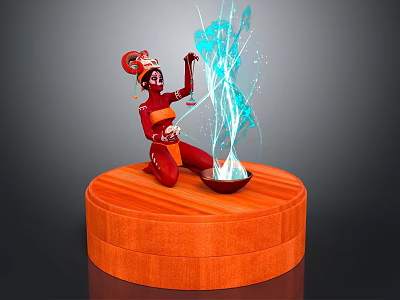 Red Skinned Game Character With Ornate Headdress Kneeling On Wooden Platform Summoning Blue Magical Energy 3d model