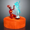 Red Skinned Game Character With Ornate Headdress Kneeling On Wooden Platform Summoning Blue Magical Energy