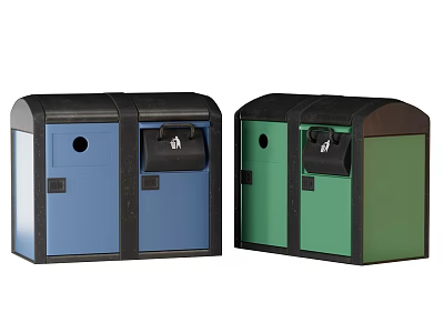 Public Recycling Trash Bins With Blue And Green Compartments For Waste Sorting 3d model
