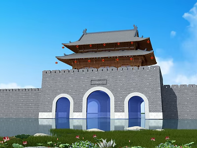 Ancient City Gate With Traditional Watchtower And Water Area Featuring Lotus Flowers 3d model