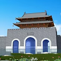 Ancient City Gate With Traditional Watchtower And Water Area Featuring Lotus Flowers