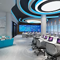Modern Public Office Interior With Blue Walls White Desks Gray Chairs Computer Monitors And Shelves