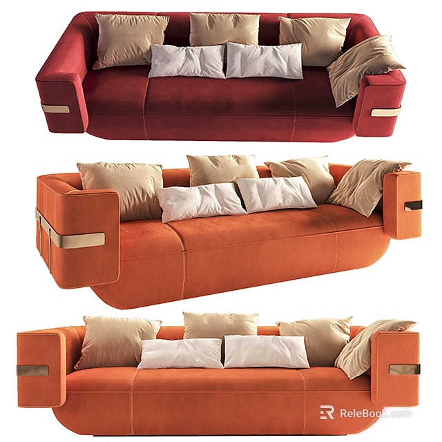 Modern Multi Seater Sofa In Red And Orange With Pillows And Metal Accents 3d model 