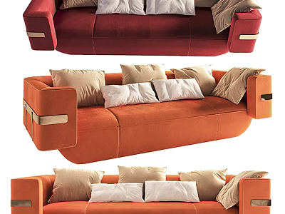 Modern Multi Seater Sofa In Red And Orange With Pillows And Metal Accents 3d model
