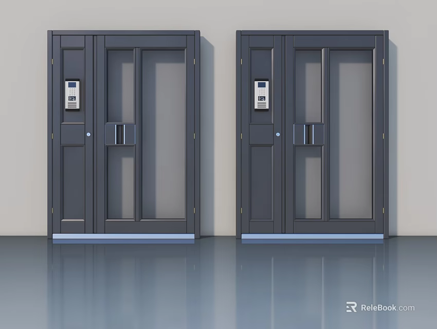 Modern Gray Swing Doors With Glass Panels And Access Control System For Entrance 3d model 