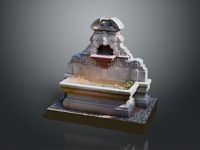 Ornate Decorative Stone Fountain With Carved Details And Brick Base 3d model