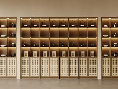 Wooden Lattice Cabinet With Tea Sets For Home Display Storage Interior Decor 3d model