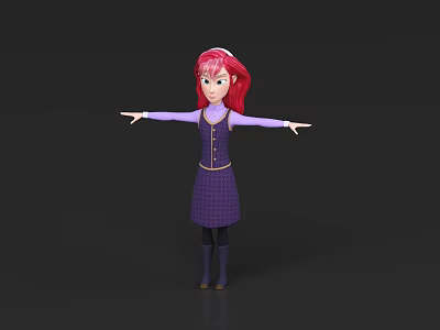 Red Haired Woman in Purple Vest and Plaid Skirt with Arms Outstretched 3d model