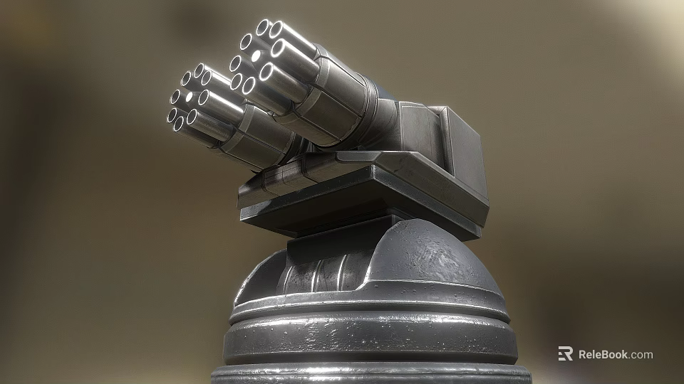 Multi Barrel Machine Gun Weapon With Metal Base And Rotating Barrels 3d model