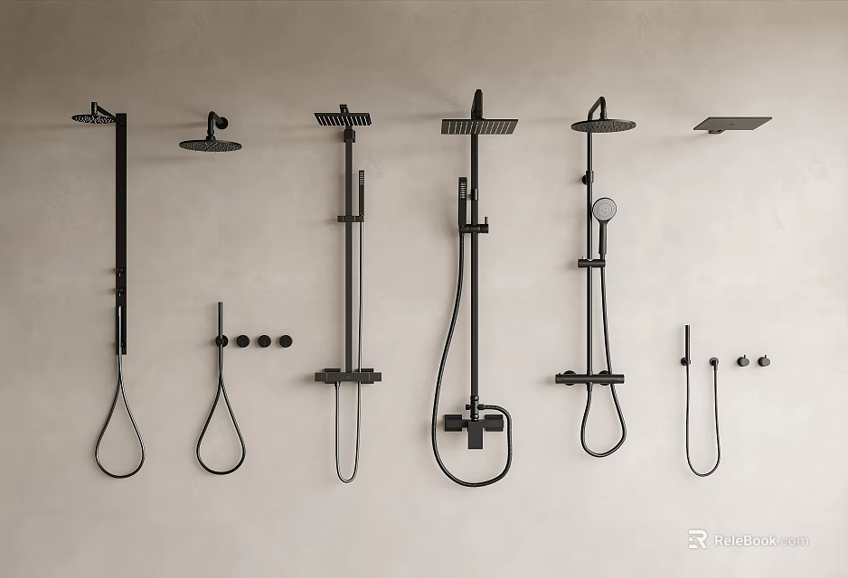 Modern Black Shower Systems With Various Handheld And Overhead Designs On Light Wall 3d model 