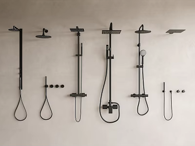Modern Black Shower Systems With Various Handheld And Overhead Designs On Light Wall 3d model