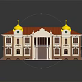 Traditional Building With Red Roof Yellow Domes White Columns Brown Walls And Balcony Design
