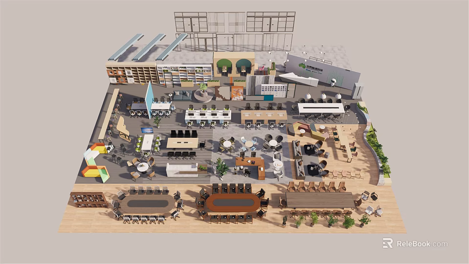 Modern Café Interior Layout With Seating Areas Tables Bar And Green Plants 3d model 