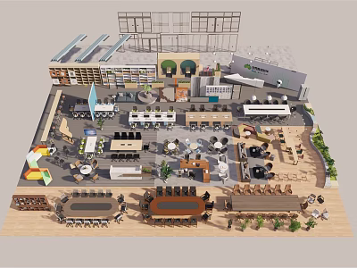 Modern Café Interior Layout With Seating Areas Tables Bar And Green Plants 3d model