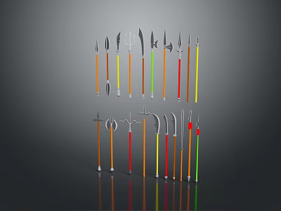 Various Types of Weapons with Colorful Handles Arranged in Rows on Reflective Surface 3d model