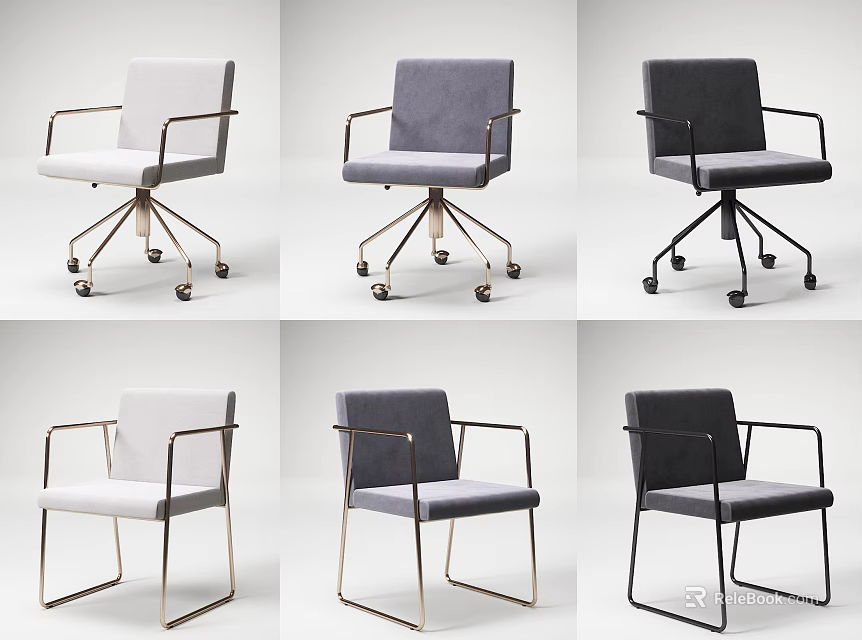 Different Design Office Chairs in White Gray Black with Wheeled Base and Metal Frame 3d model 