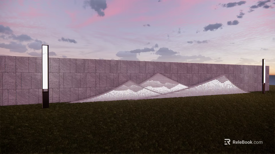 Gray Feature Wall With White Mountain Patterns Pink Purple Sky Clouds Grassland And Light Pillar 3d model
