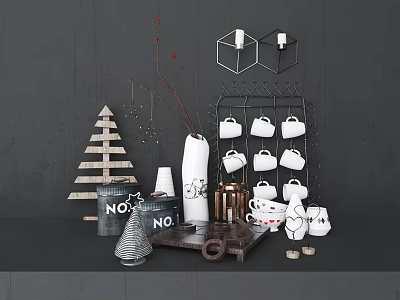 Stylish Decorative Ornament Set With Wooden Christmas Tree Vase Geometric Candle Holders And Cup Rack 3d model