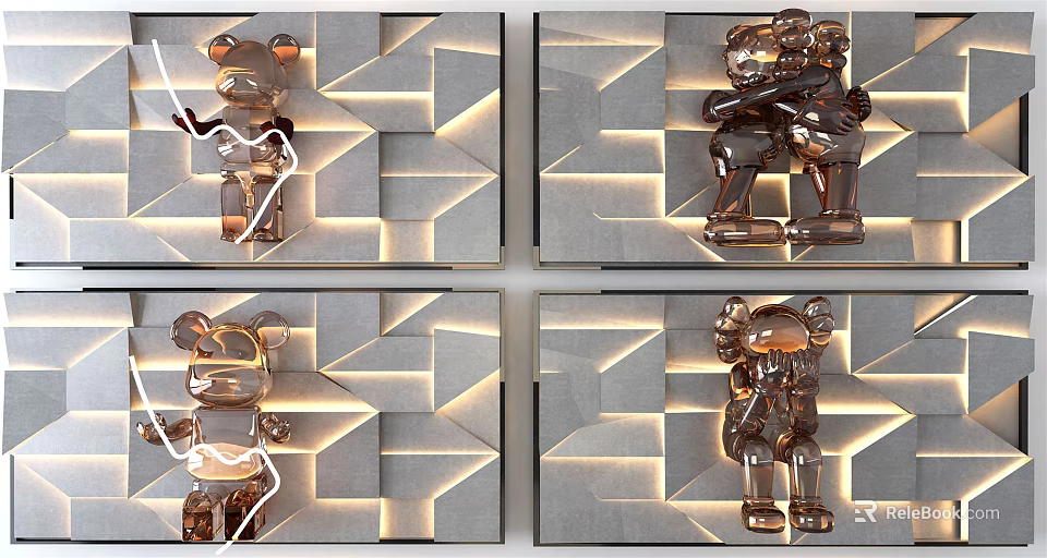 Modern Wall Decor with Transparent Bear Ornaments Geometric Pattern and Lighting 3d model 