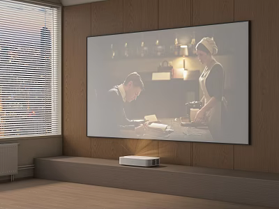 Large Screen TV Mounted On Wooden Wall With Projector Showing People Scene Near Window Blinds 3d model