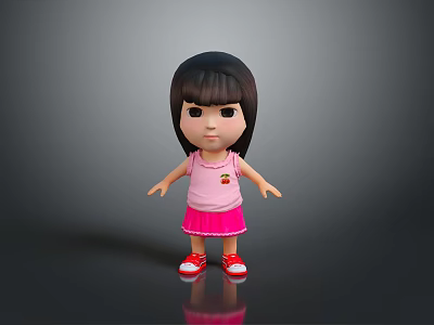 Girl With Long Black Hair Wearing Pink Strawberry Top Pink Skirt Red Shoes Gray Background 3d model