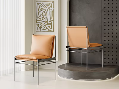 Modern Tan Leather Dining Chairs With Sleek Metal Frame In Minimalist Interior Space 3d model