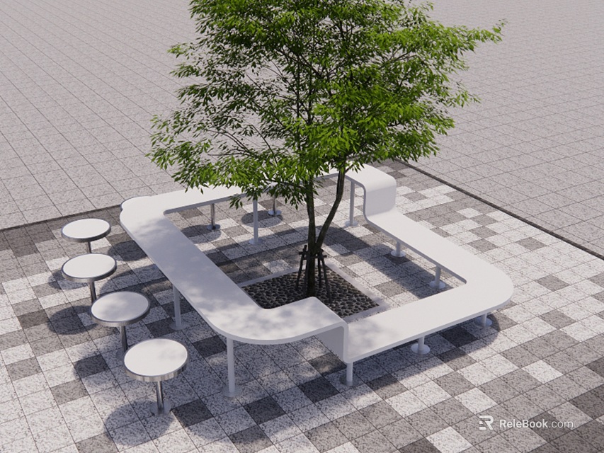 Outdoor Tree Pit Design With White Benches Round Stools And Checkerboard Floor Tiles 3d model 