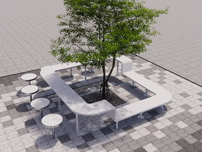 Outdoor Tree Pit Design With White Benches Round Stools And Checkerboard Floor Tiles 3d model