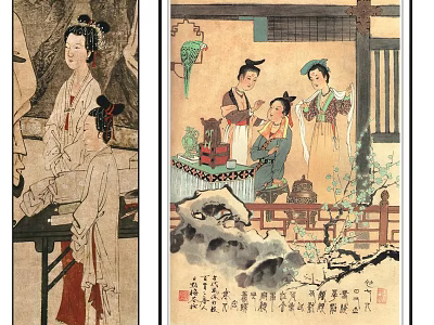 Traditional Chinese Figure Paintings Featuring Ancient Female Figures In Traditional Costumes With Screen And Lanterns 3d model