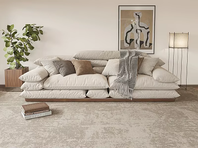 Cozy Two-Seater Sofa with Cushions Blanket Framed Painting Floor Lamp and Potted Plant on Carpet 3d model