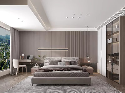 Modern Bedroom Interior With Gray Tones Large Bed Wardrobe Floor to Ceiling Window City View 3d model