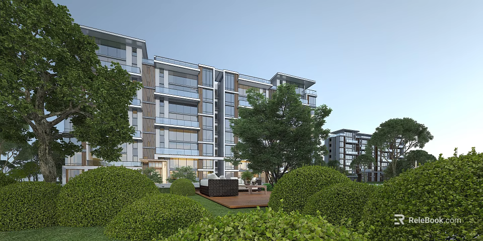 Modern Residential Building with Lush Greenery Trees Balconies and Glass Curtain Walls 3d model 