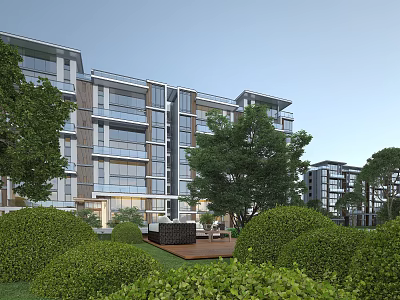 Modern Residential Building with Lush Greenery Trees Balconies and Glass Curtain Walls 3d model