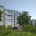 Modern Residential Building with Lush Greenery Trees Balconies and Glass Curtain Walls