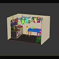 Cartoon Kitchen Scene Miniature Model With Dining Table Chairs Cabinets Shelves Dishes And Sink