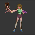 3D Model Character Girl Holding Brown Object And Colorful Cards Wearing White Stockings And Blue Shoes