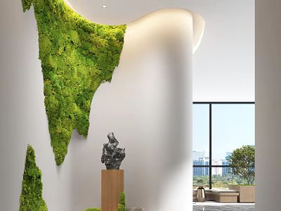 Front Desk Reception Area With Green Moss Wall Sculpture Curved Wall Large Window And City View 3d model