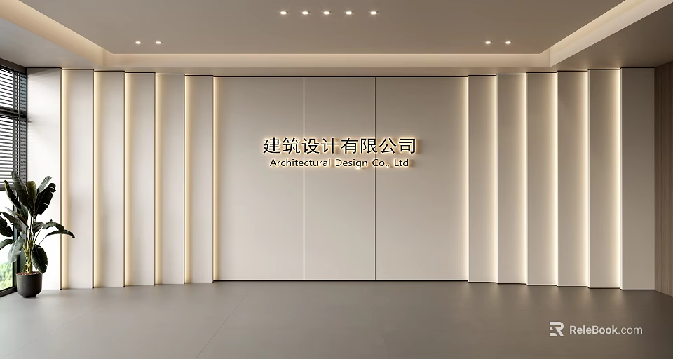 Modern Architectural Design Company Background Wall With Logo And Linear Lighting 3d model 