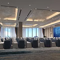 Modern Conference Room Interior With Large Windows Chandeliers Dark Tablecloth Tables And Large Screen