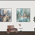 Interior Decor With Cityscape Paintings Hanging On Wall Brown Chair Small Table And Potted Plant
