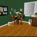 Cozy Indoor Scene With Green Wallpaper Wooden Bulletin Board Desk Lamp Globe And Window Blinds