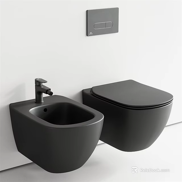 Sleek Black Wall Mounted Toilet With Matching Sink And Modern Faucet In Bathroom 3d model 