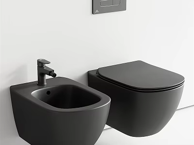 Sleek Black Wall Mounted Toilet With Matching Sink And Modern Faucet In Bathroom 3d model