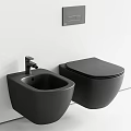 Sleek Black Wall Mounted Toilet With Matching Sink And Modern Faucet In Bathroom