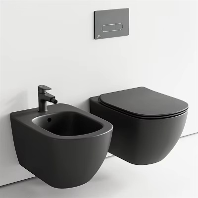 Sleek Black Wall Mounted Toilet With Matching Sink And Modern Faucet In Bathroom 3d model