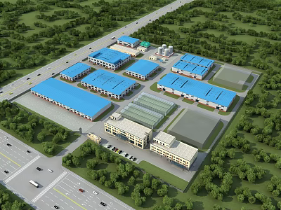 Modern Industrial Workshop Featuring Multiple Blue Roofed Buildings Surrounded by Greenery and Roads 3d model