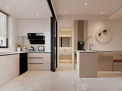 Modern Kitchen Interior Design With Sleek Island Cabinets And White Appliances 3d model